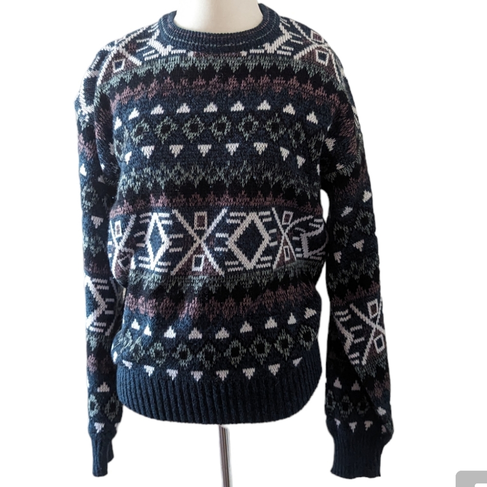 Vintage Knit Sweater 80s Medium Boho Tribal Green Brown White Geometric Nordic